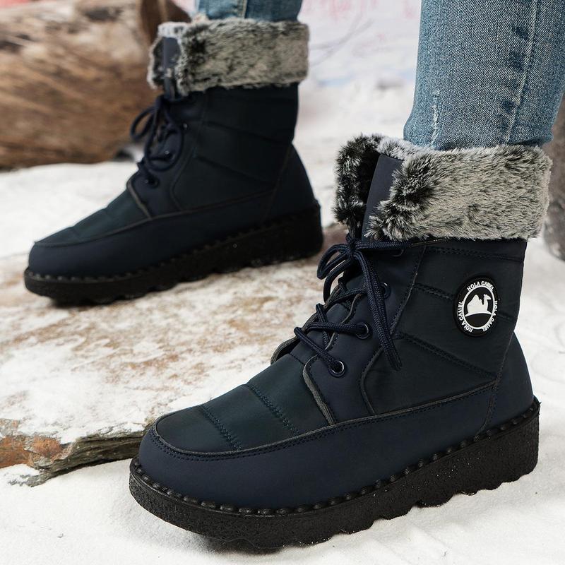 Women's Snow Boots Insulated Waterproof Winter Boots for Women Warm Fur Lined Booties High-heeled Snow Boots Lace-Up Mid-Calf Design Faux Fur Cozy Warm Black