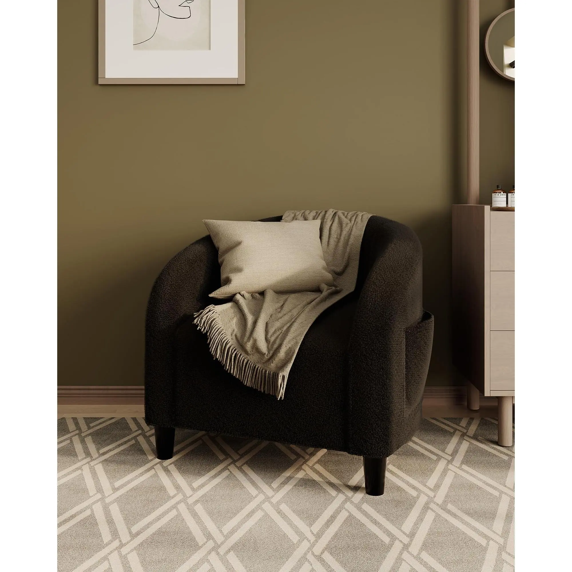 Beige Boucle Barrel Accent Chair, Modern Round‑Arm Sherpa Upholstered Lounge Armchair, Cozy Single Sofa for Living Room, Bedroom, Study and Reception Area