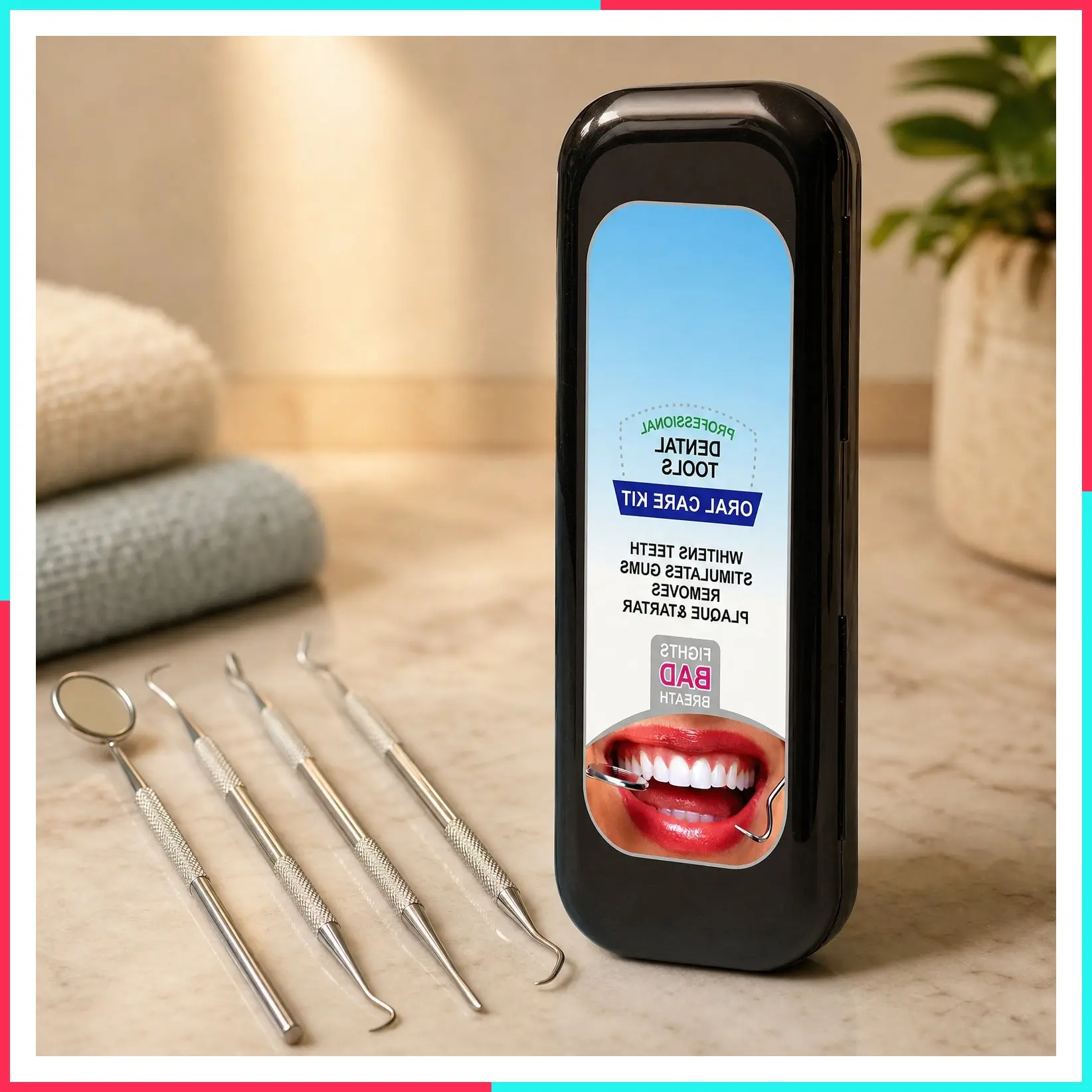 Dental Cleaning Kit with Stainless Steel Dental Pick, Mirror, Scraper and Scaler – Plaque Remover for Teeth, Black