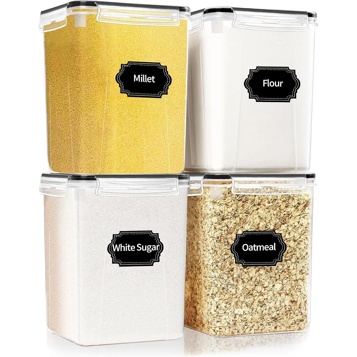 4-Pack Large Airtight Food Storage Containers with 5.2L (176oz) Capacity, Safe Plastic Kitchen Pantry Organizers with Leakproof Seal & Snap Locks, Includes Labels & Marker for Cereal, Flour, Sugar, 5.2 Litres, Four Count