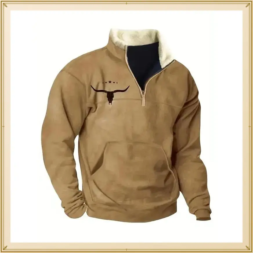 Men's Vintage Print Casual Long Sleeve / Zip Cowboy Sweatshirt, Western Aztec Fleece Pullover Sweatshirt, Winter Fall