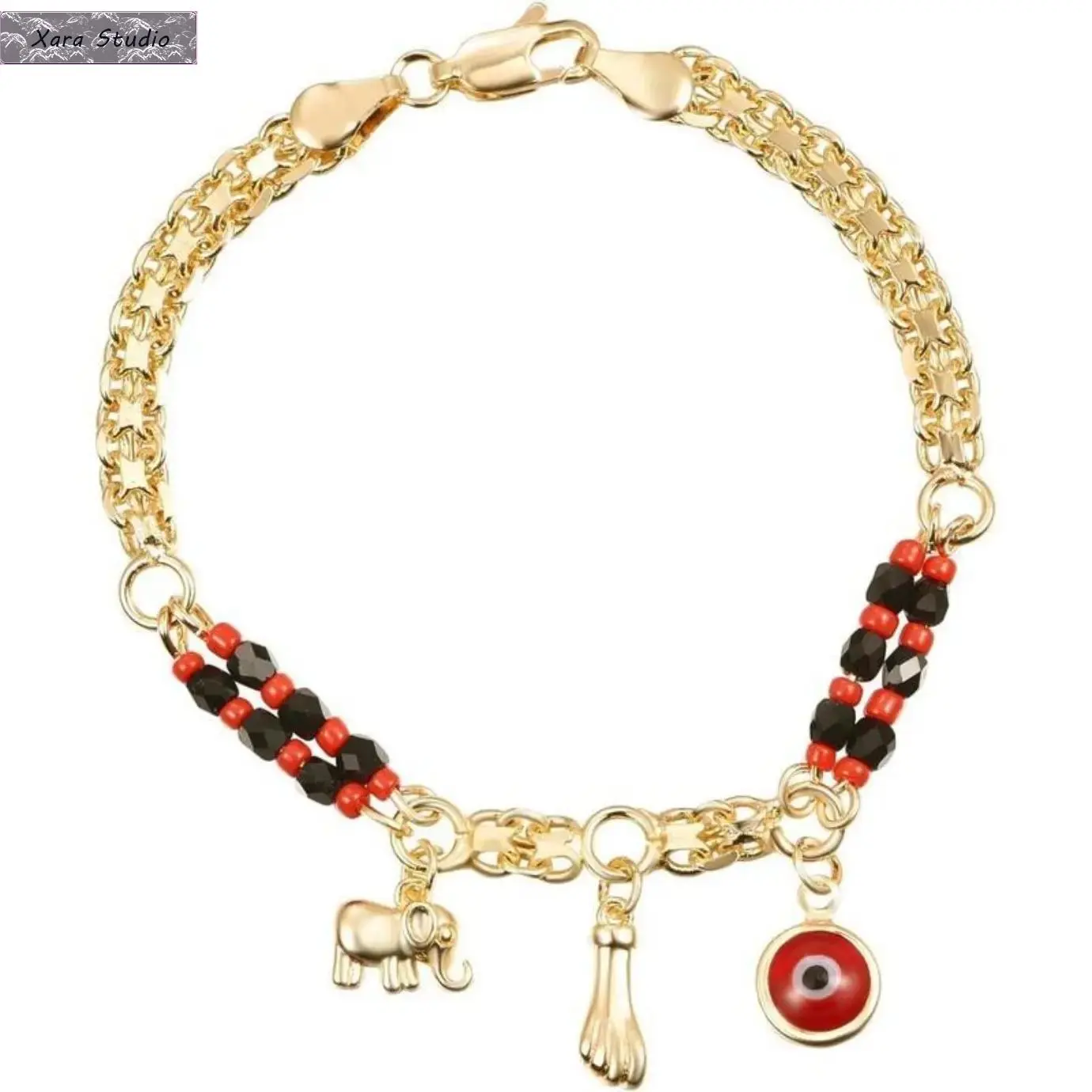 Handmade Evil Eye Elephant Bracelet Women 7.5" Gold Plated Beaded Fashion Wristband – Unisex Protection Jewelry Sports Bracelet for Daily Wear, Outdoor, Travel & Gift for Her or Him, Gifts For Women, Bangle, Men's Accessories, Ethnic, 7.5 Inches, Animal,
