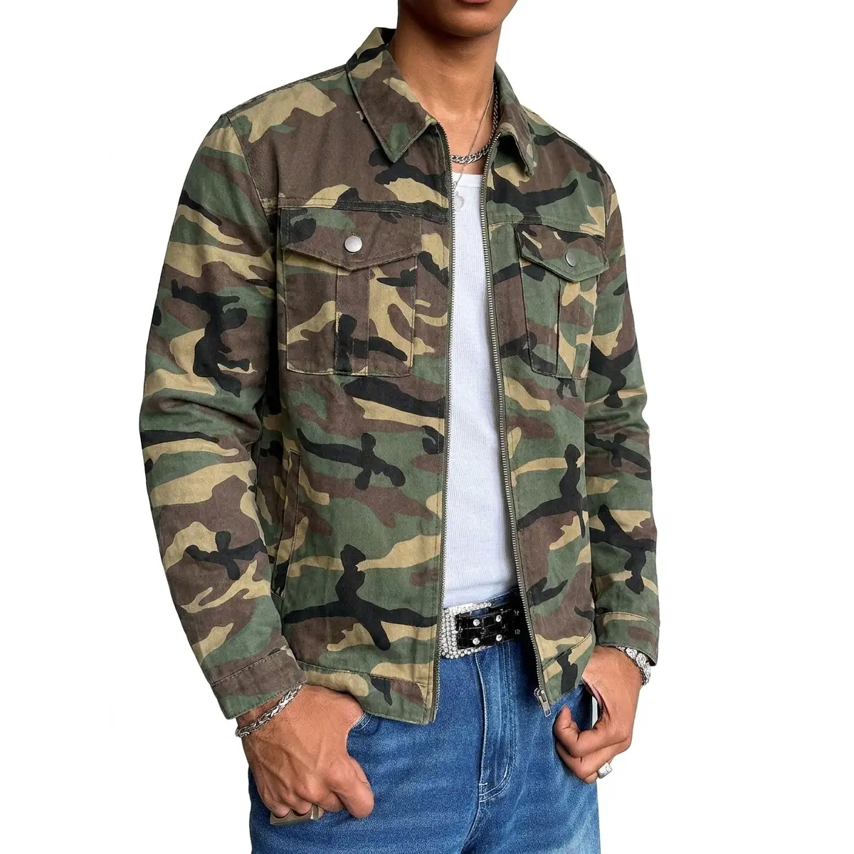 Men's Retro Camo Soft Cotton Collared Jacket - Zip-Up Loose-Fit Trucker Coat with Functional Pockets, Long-Sleeves Outdoor Military Streetwear for Grunge Outfits