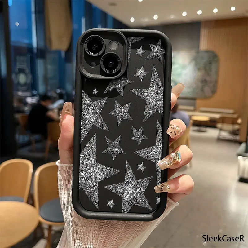Phone Case - Shimmering Silver Glitter Stars in a Cosmic Night Sky High Bamboo Minimalist Phone Case, Stepped Camera Protection with Raised Lens Bezel, Shock Absorbent Cover for  iPhone 17 E Air 16 15 14 Pro Max Plus 13 12 Mini 11 X XS XR