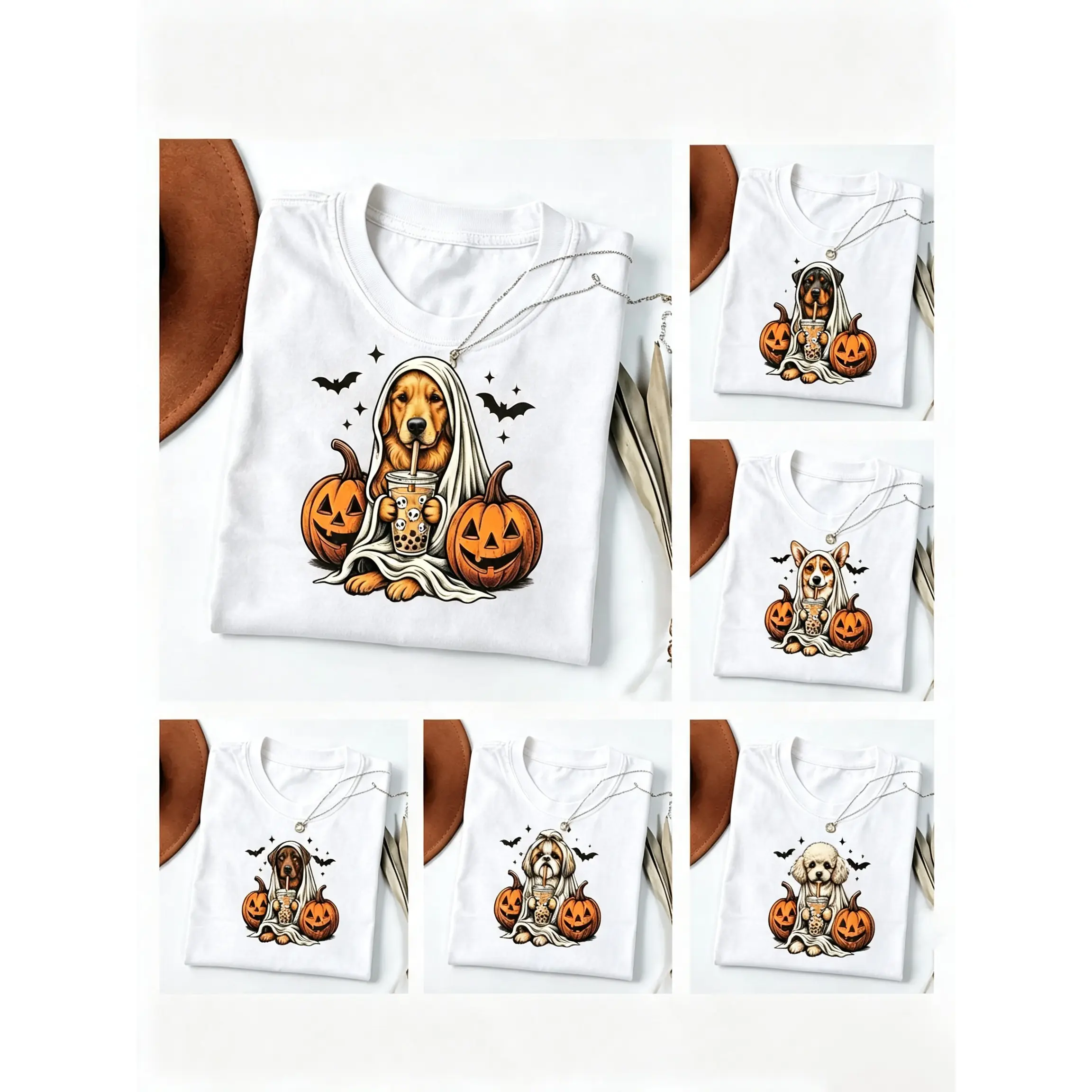 Dog Sports Top - Cotton Twill, Digital Print, Ghost Theme, Custom Boba Tea Halloween Tee (50 Breeds Available)