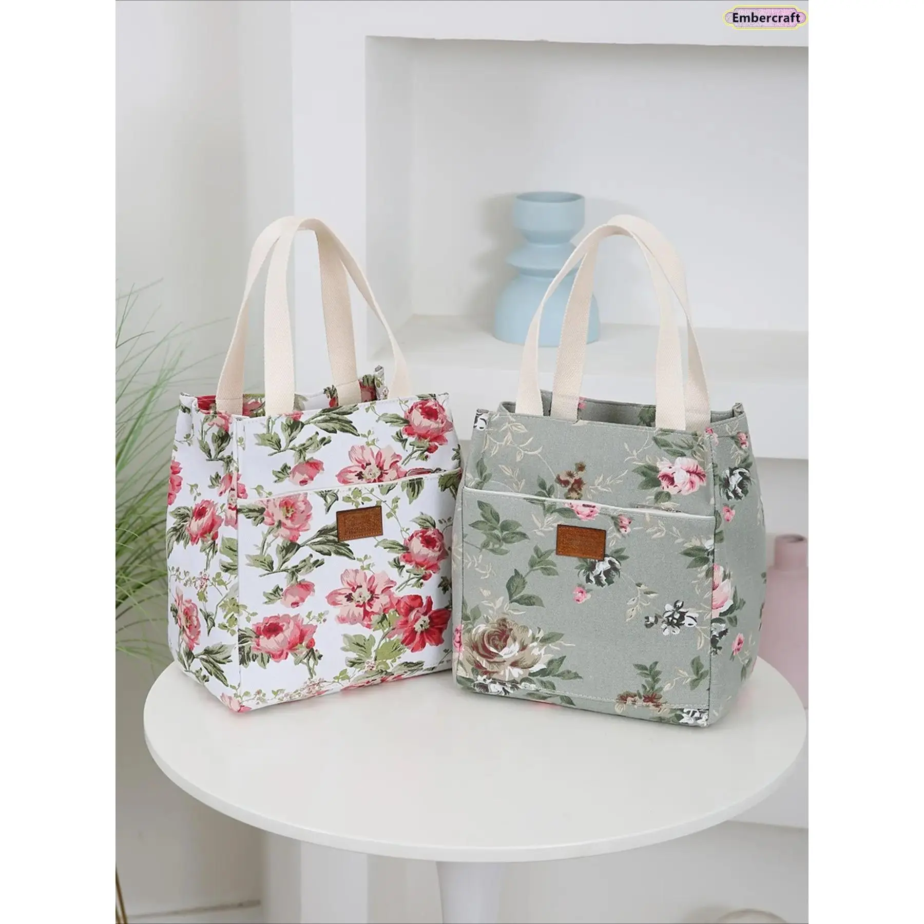 Women's Vintage Floral Lightweight Versatile Tote Bag - Large Capacity Fabric Handbag with Front Zipper Pocket, Casual Stylish Accessory for Daily Use, Travel (1 Size Tote Bags), One Size