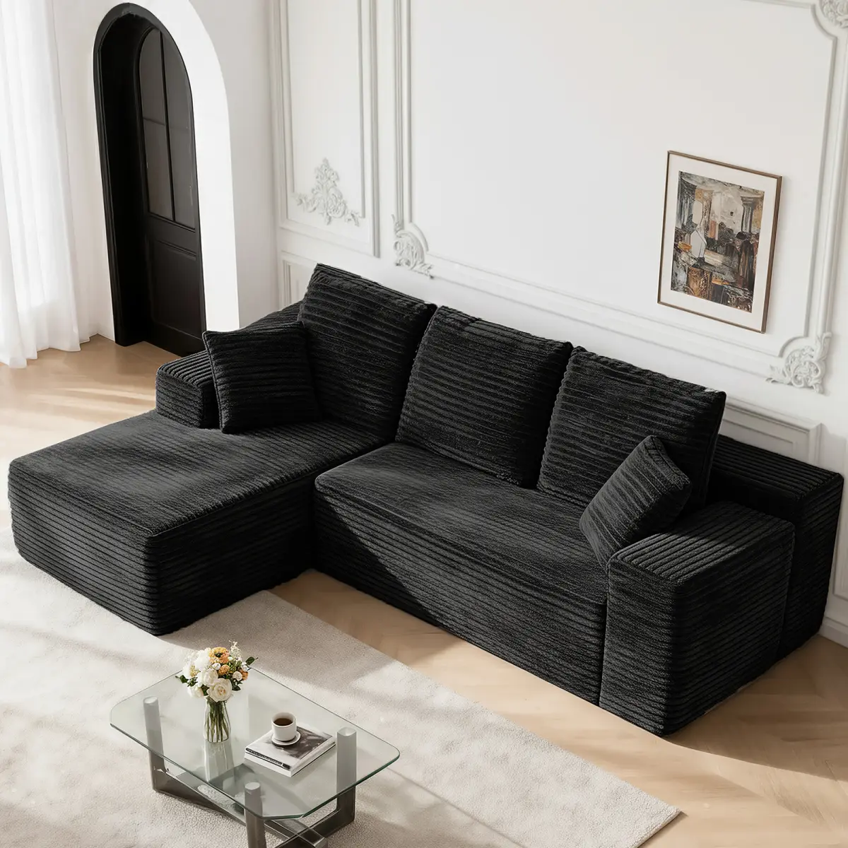 Aobtkel Modern Black Striped Corduroy L-Shape Sectional Sofa with Sponge, Block Armrests, Quick Set-Up, Vacuum-Pack Modular Design, Chaise Lounge, Easy Removal & Washing, Comfy Living Room Couch