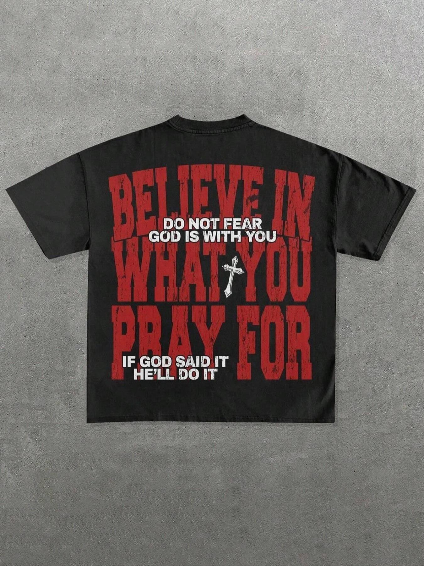 Men's Slogan & Cross Print Casual Graphic Design Round Neck Tee, Regular Fit Short Sleeve Crew Neck T-shirt for Summer, Casual Men's Top for Daily Wear