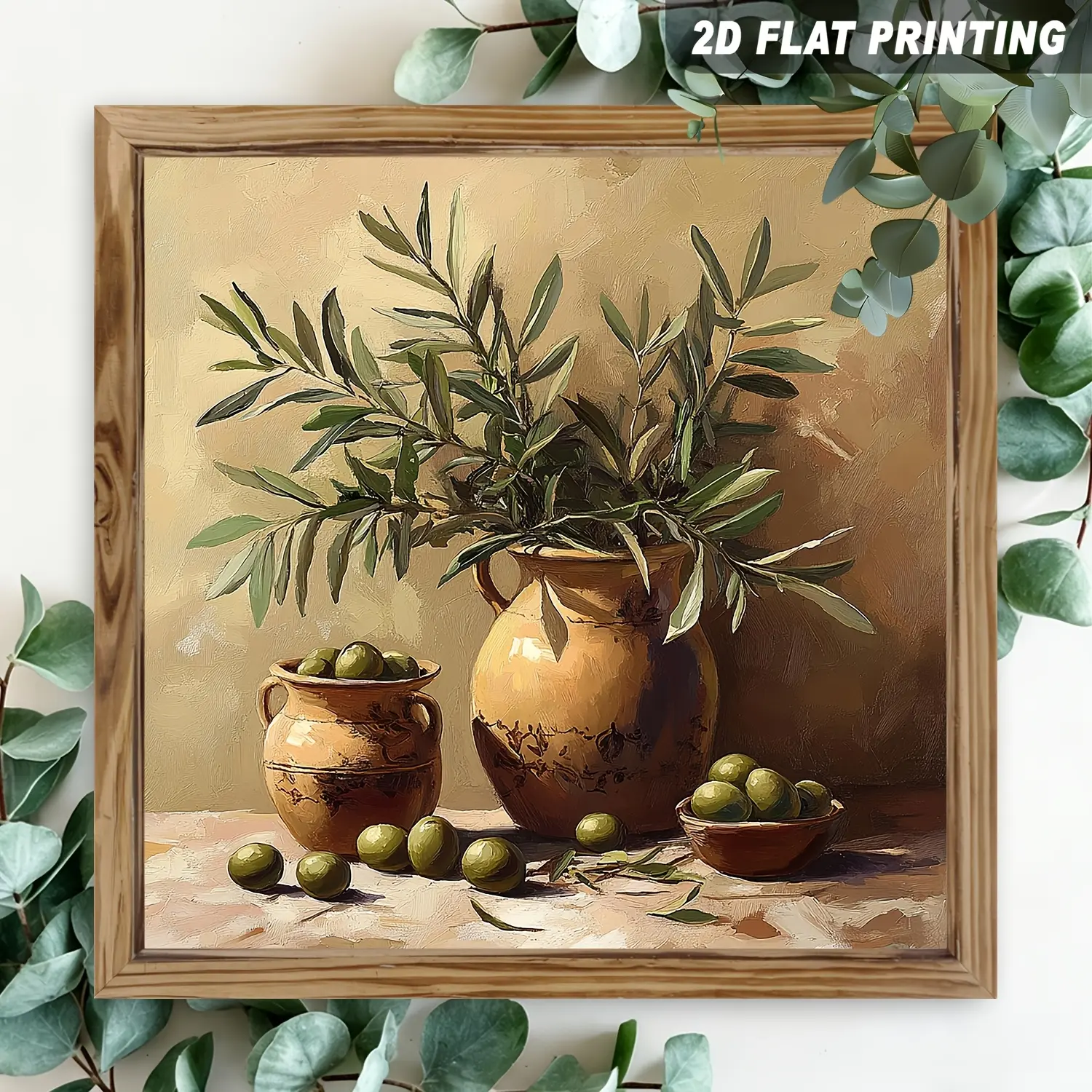 2D Flat 1pc, Olive Branch Still Life with Terracotta Vases And Green Olives Wooden Framed Sign Vintage Wall Art, Desktop Decor, Kitchen Counter Decor for Dining Room, Mediterranean Kitchen, Autumn Harvest Season Decorative Signs And Plaques 8X8 Inch