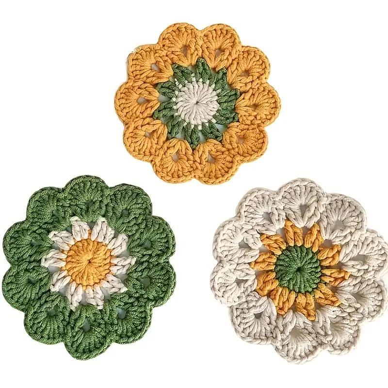 Small floral coasters, placemats, crochet heat-resistant mats, handmade milk cotton yarn balls, crochet set of 3, heat-resistant coasters, home kitchen dining room table decorations