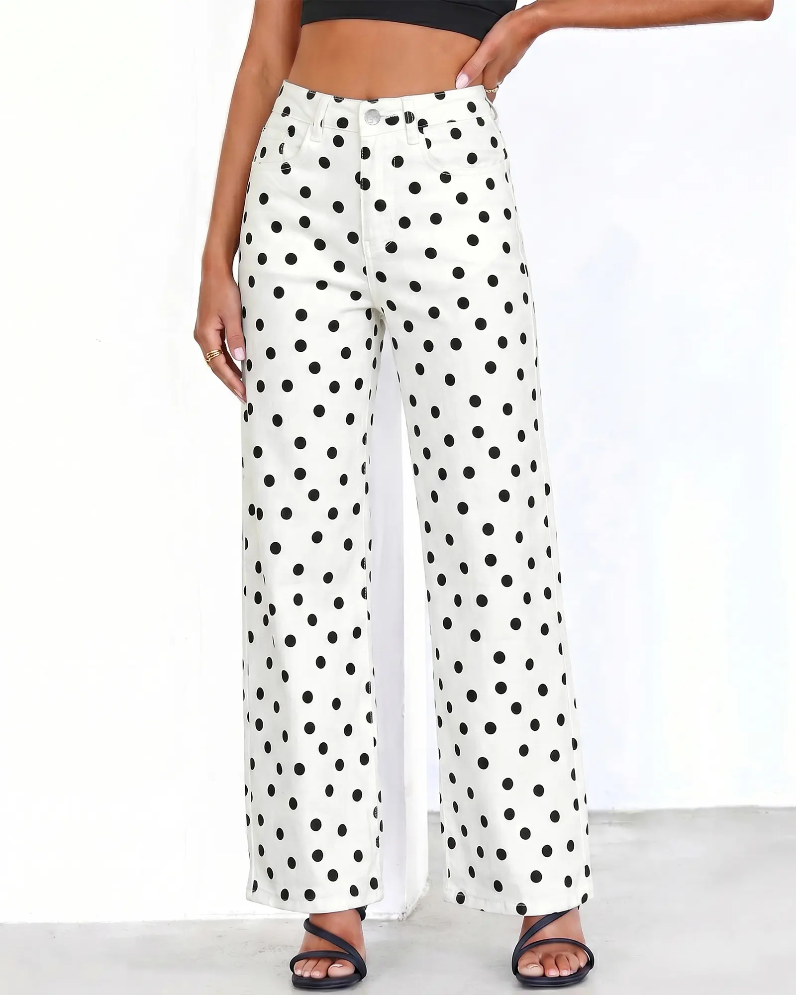 【NEW DROP】GRAPENT Women's High Waisted Polka Dot Print Stretchy Denim Jeans - Loose Wide Leg, 90s Baggy Straight, 29.5 in Inseam, Classic 5 Pockets, Business Casual Bottom, Polka Dots, Lady, Elastane, Cotton Blend, Stretch Denim backtoschool