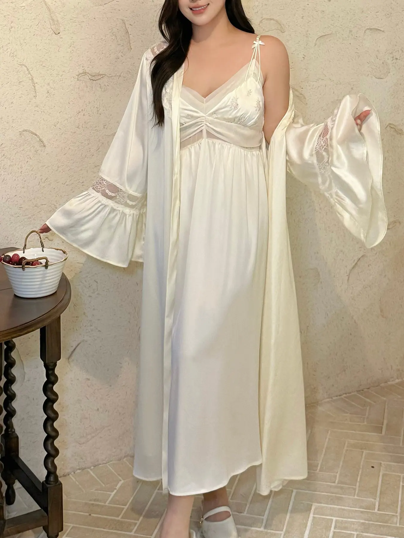 1SET Summer Plus Size Lace Trim 2 Piece Suit Loose Flare Sleeve Robe With Empire Waist Slip Dress Home Wear