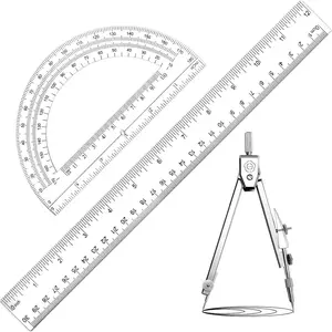 3 Pcs Transparent Geometry Math Measuring Tool Set, 12 Inch Clear Ruler 6 Inch Protractor Drawing Compass, Student Stationery for Home School Classroom Office Supplies