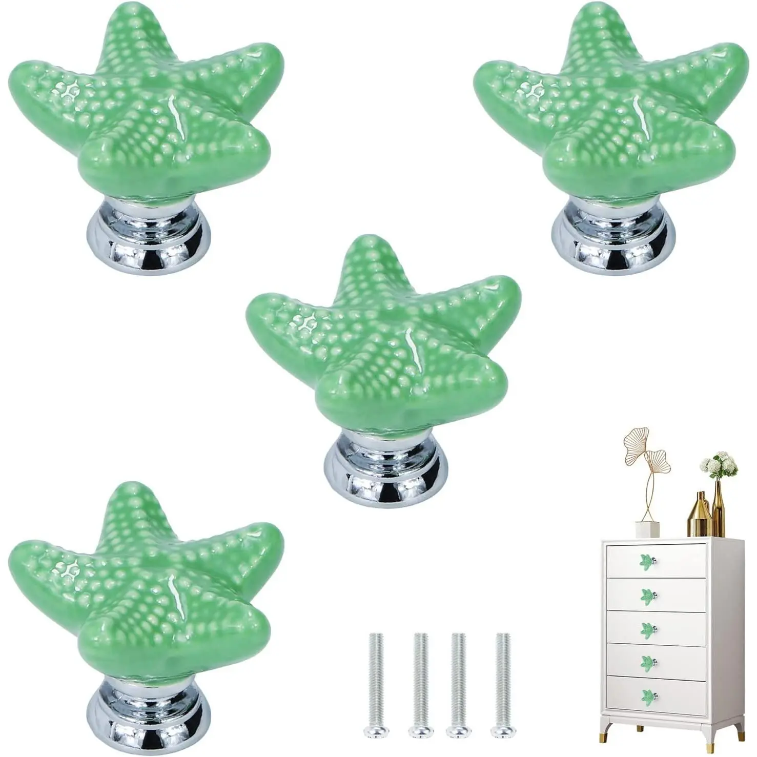 4 count Starfish Drawer Knobs Coastal Ceramic Cabinet Knobs (Green) |  Beach Themeb Knob, Zinc Alloy Handle, Nautical Drawer Pulls, Easy to Install with Screws, for Kitchen Bathroom Dressers