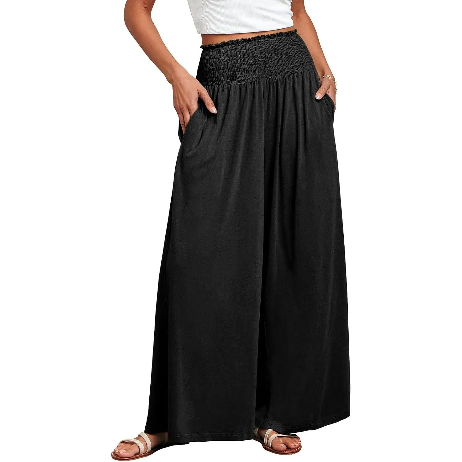 Women Palazzo Pants Summer Boho Bagyy Wide Leg High Smocked Waist Casual Loose Lounge Pant with Pocket