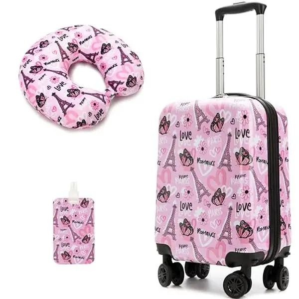 Playful Kids' ABS Plastic Spinner Luggage Set, Girls' Hard-Shell Trolley Case with Spinner Wheels, Travel Neck Pillow, Luggage Tag, Eiffel Prints & Butterfly Motif