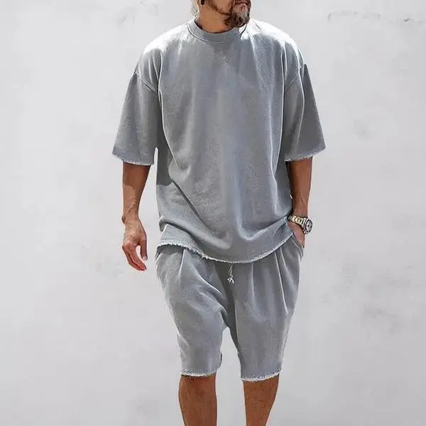 Men Solid Textured Sweatsuit, Casual Loose Fit Sports Two Piece Tracksuit, Soft Relax Lounge Outfit for Workout Travel Daily Wear