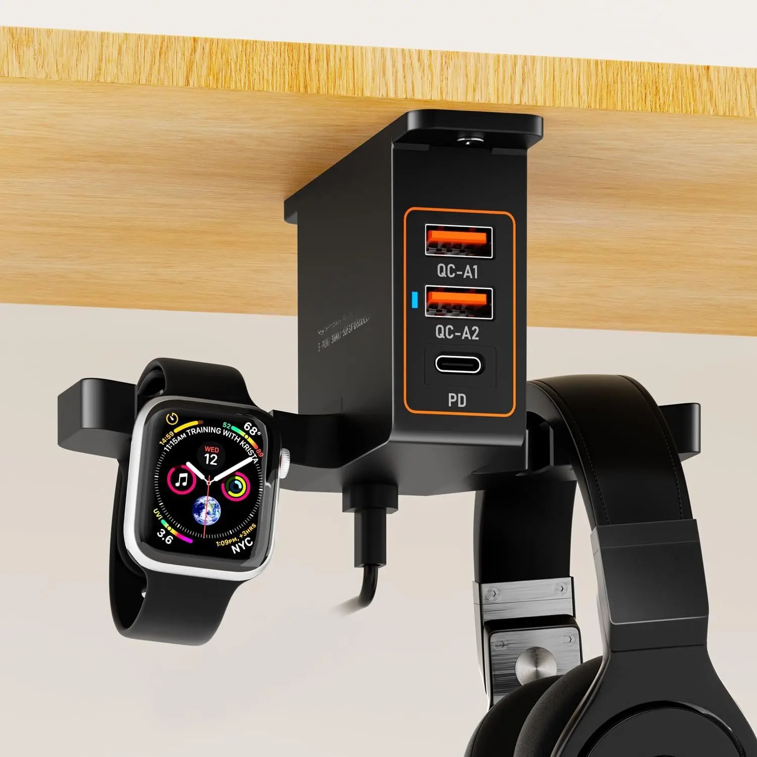 Desk Headphone Holder Hook Headset Watch  Bag Storage Black | 2 USB-A & 1 Type-C Ports; Holds Headphones,Watches, Cables, Various Bags,Multifunctional Desk Storage Hook for Gaming Office