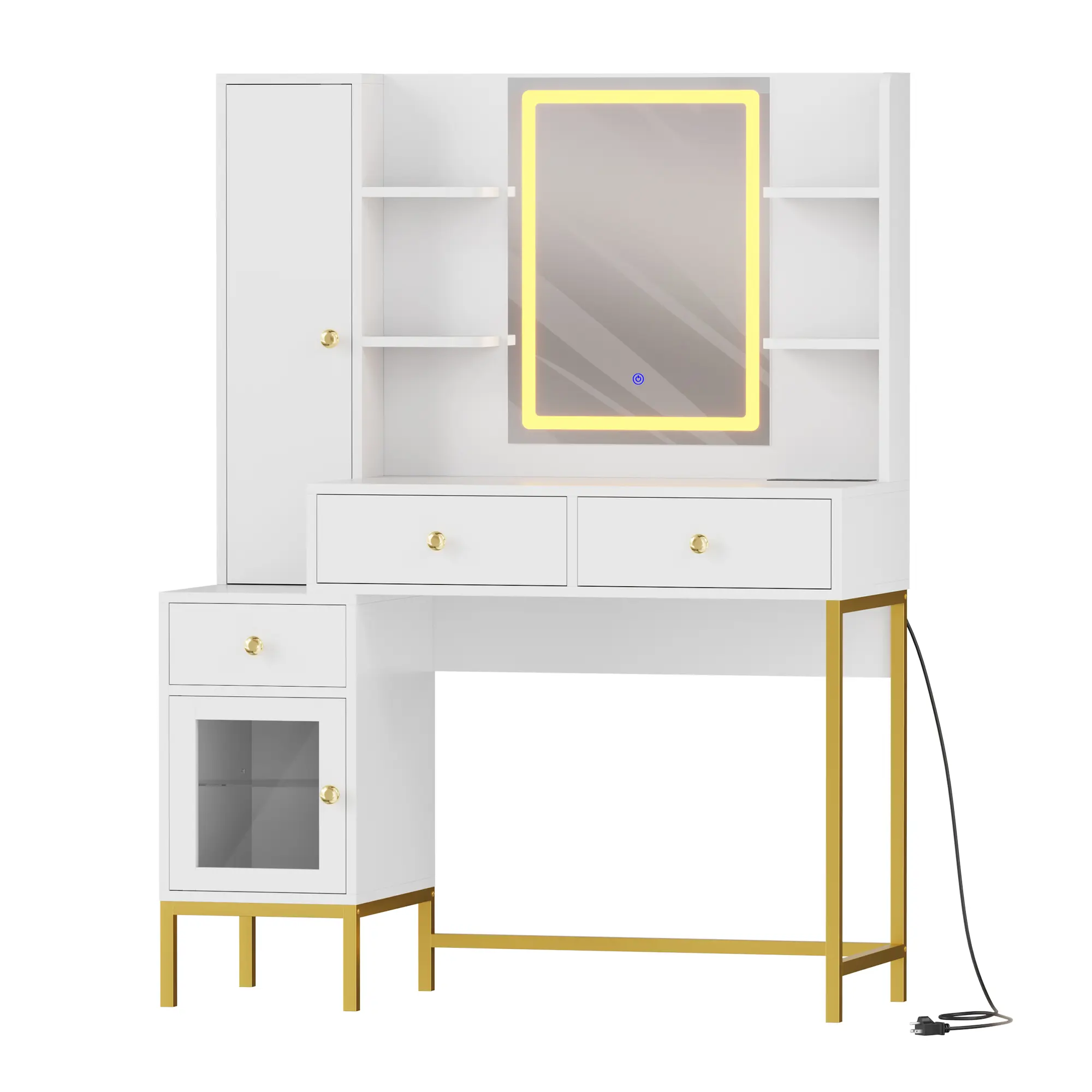 Modern Vanity Desk with LED Lighted Mirror – 3-Color Dimmable Lighting, USB Charging Station, Hidden Jewelry Cabinet, Drawers & Shelves – Elegant Makeup Dressing Table for Bedroom