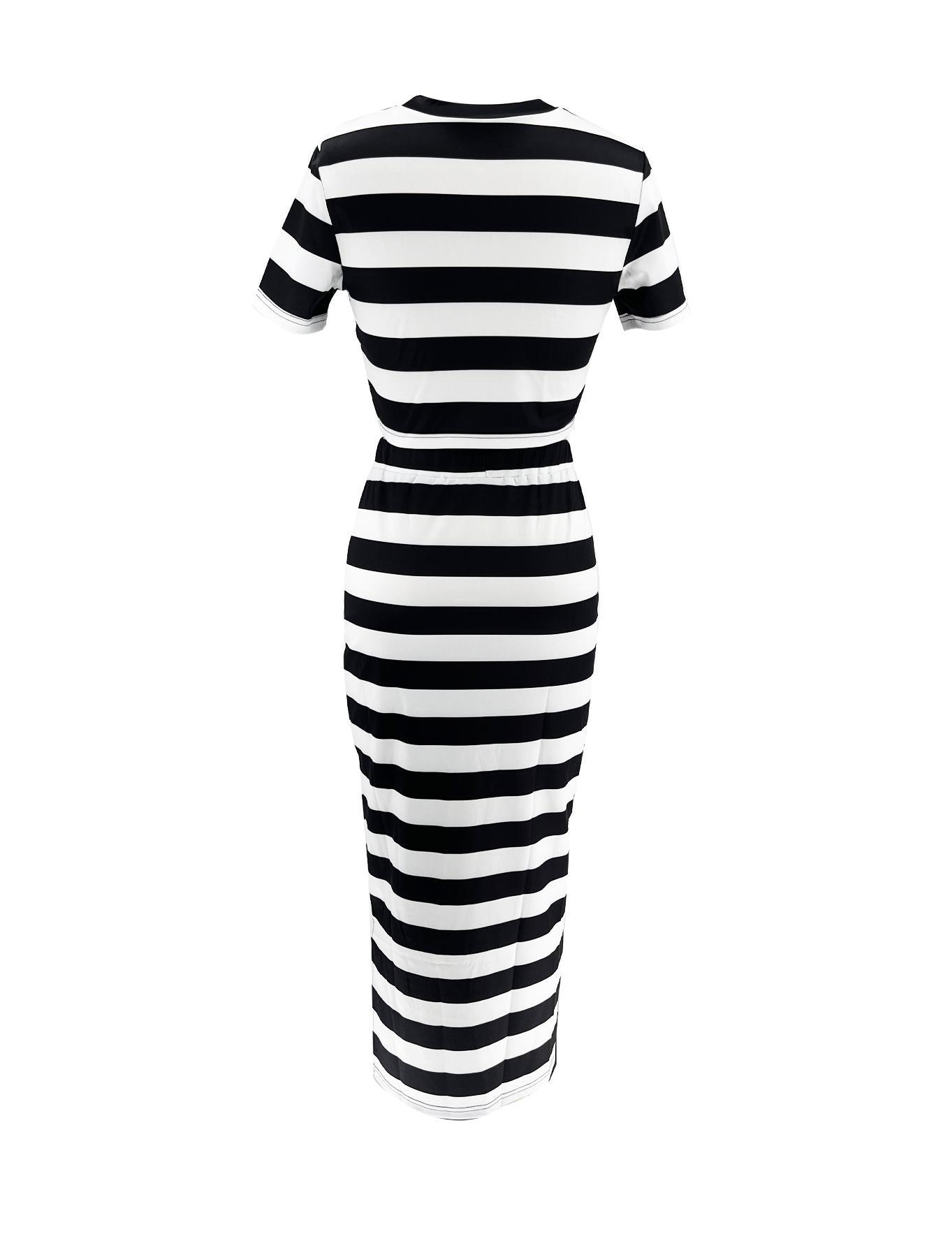 Two-Piece Set Women's Striped Print Round Neck Crop Tee & Split Hem Long Bodycon Skirt Set, Elegant Fashion Casual Cozy Breathable Womenswear Two Piece Outfits for Daily Outdoor Wear, Ladies Clothes for Summer