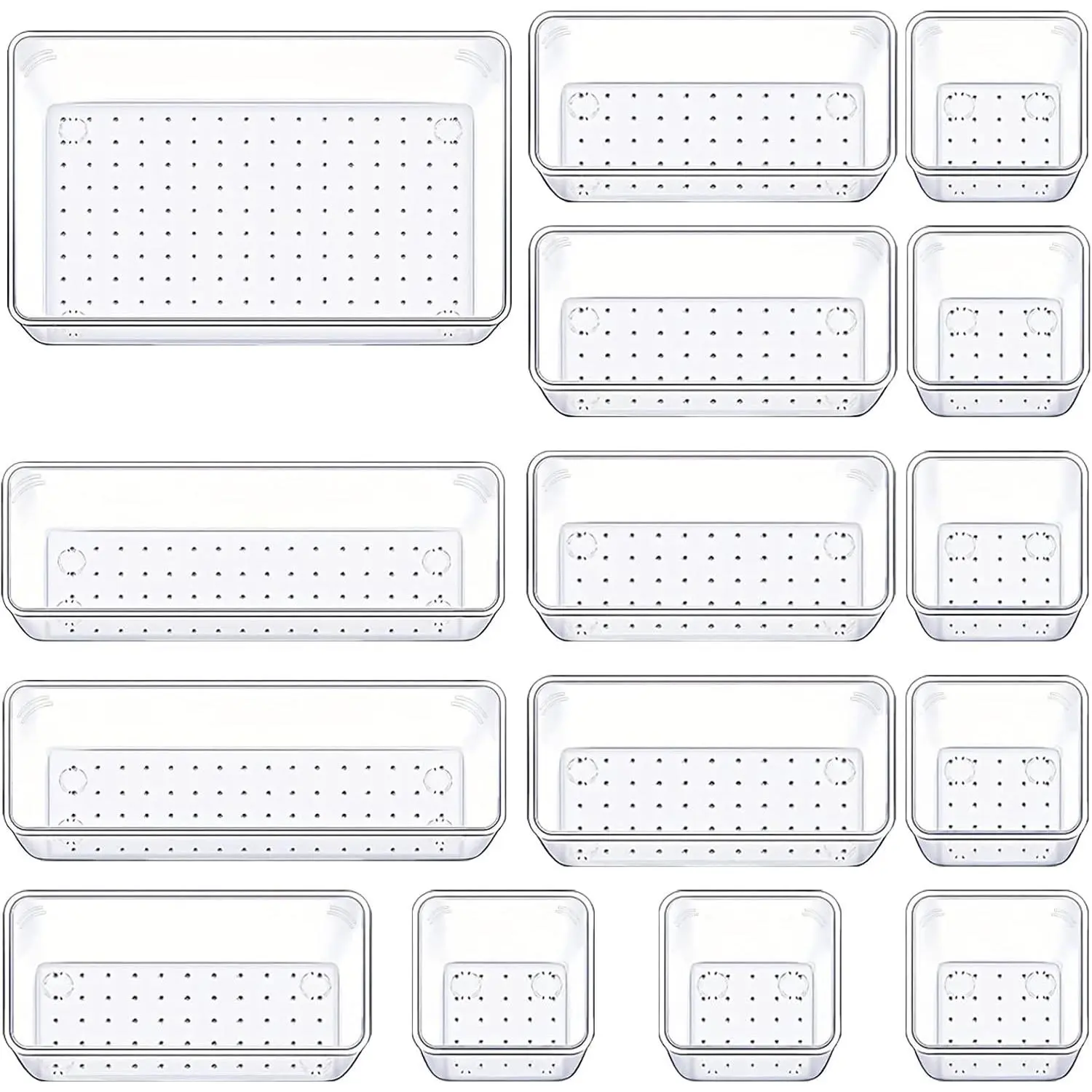 Drawer Organizers Set of 15, 4 Sizes Clear Plastic Drawer Organizers and Storage Bins for Kitchen, Bathroom, Office, Dresser Desk Drawer Organizer Tray for , Makeup, Junk, Gadgets