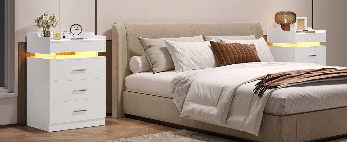 Sikaic LED Nightstand with Charging Station White Bedside Table Bedside Cabinet Lighted Vanity Desk