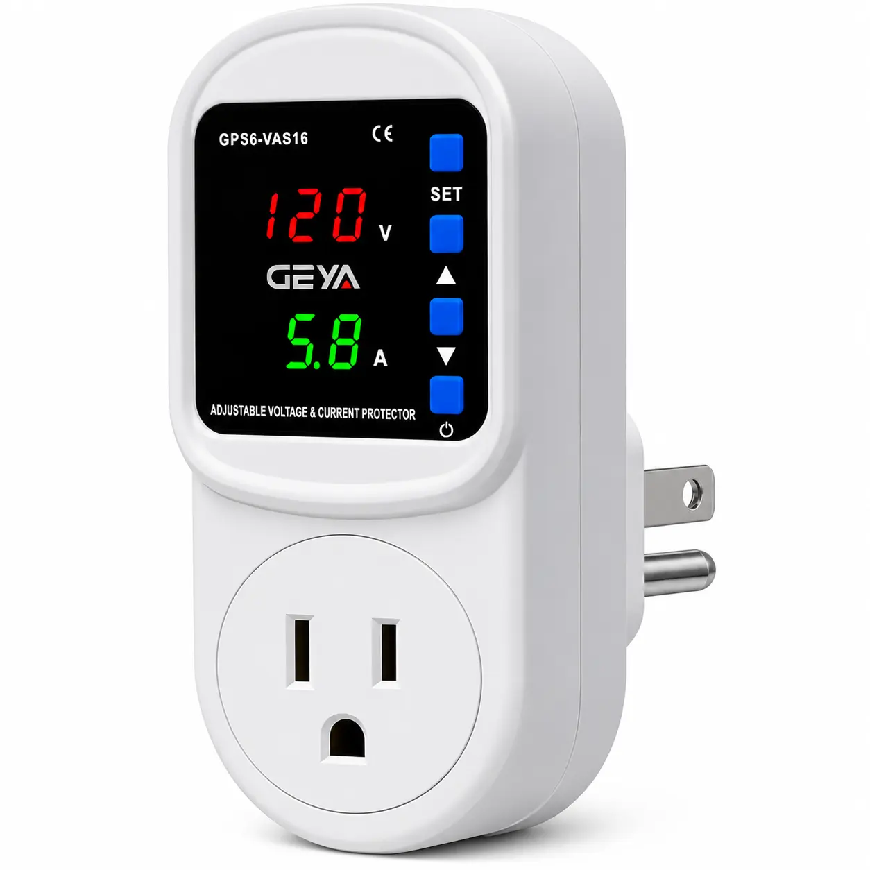 GEYA 16A Adjustable Voltage Protector Socket with US Plug - AC 110V Over/Under Volt & Overcurrent Protection, Customizable Thresholds, LED Dual Display, 0.1s Fast Trip, Auto-Restart for Home Fridge, TV Wall Outlet