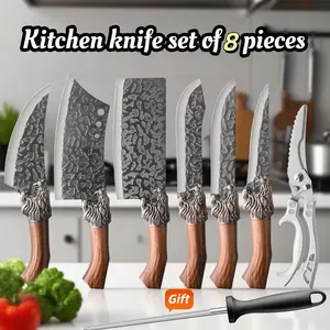 Seven piece multifunctional knife set, including sharpening stick, high-quality professional chef knife set, hand forged stainless steel knife, including chef knife, multifunctional knife, bone knife, and ultra sharp scissors with handle, kitchen supplies