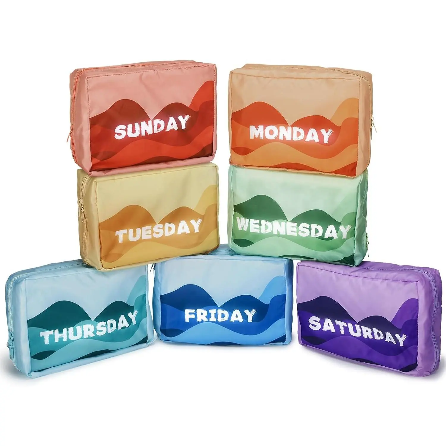 7 Pcs Days of Week Packing Cubes Travel Cubes for Kids Colorful Luggage Organizers for Lightweight Packing Suitcase Bags for Boys Girls Family Camp Summer Vacations Accessories