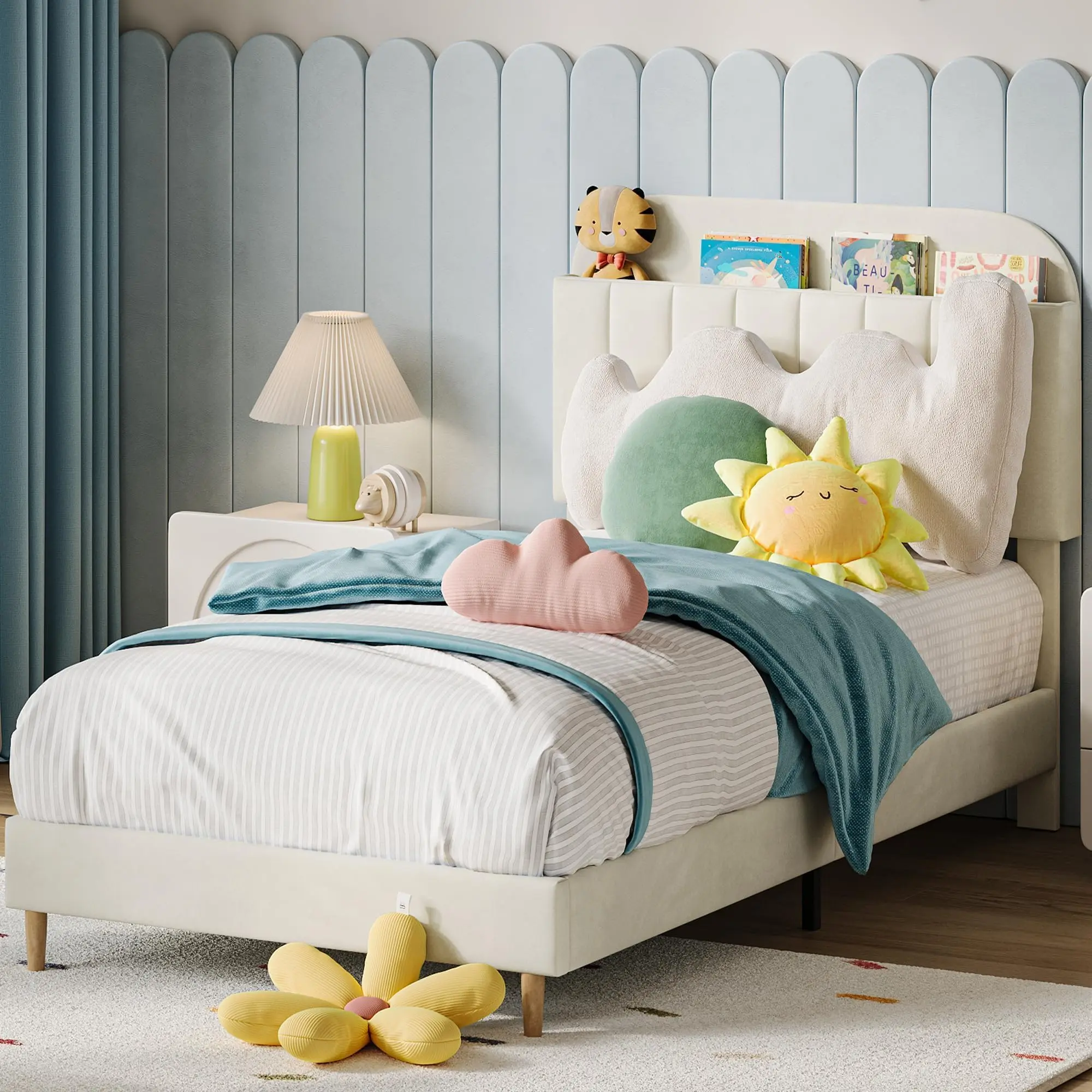 Bed Frames with Upholstered Storage Headboard,  Platform Bed with Bookcase, Velvet  Bed Mattress Foundation, Heavy Duty Steel Support Legs, Easy Assembly, Noise Free for Kids Girls Boys