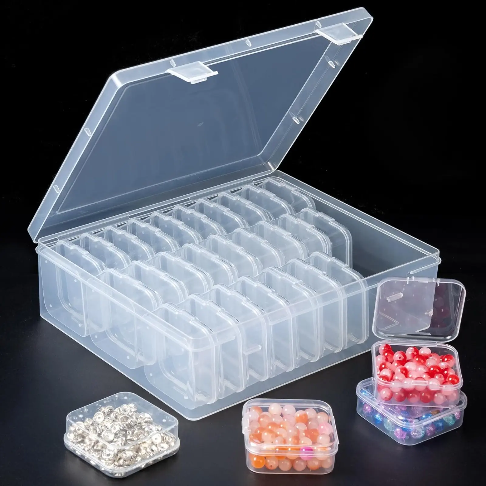 Bead Organizers Box ，30Pcs Plastic Mini Clear Storage Cases with 1pcs Hinged Lid Rectangle Case, forJewelry Beading diamond painting Crafts Screws Small Parts of Containers Bulk Storage Organizer