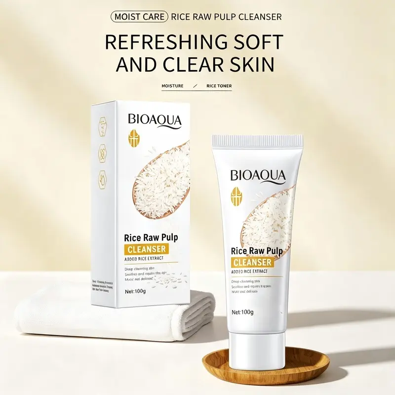 BIOAQUA Rice Raw Pulp Facial Cleanser Rice Extract Face Wash Foam Skincare Moisturizing Skin Brightening Deep Cleansing Skin Soothes and Repairs the Skin