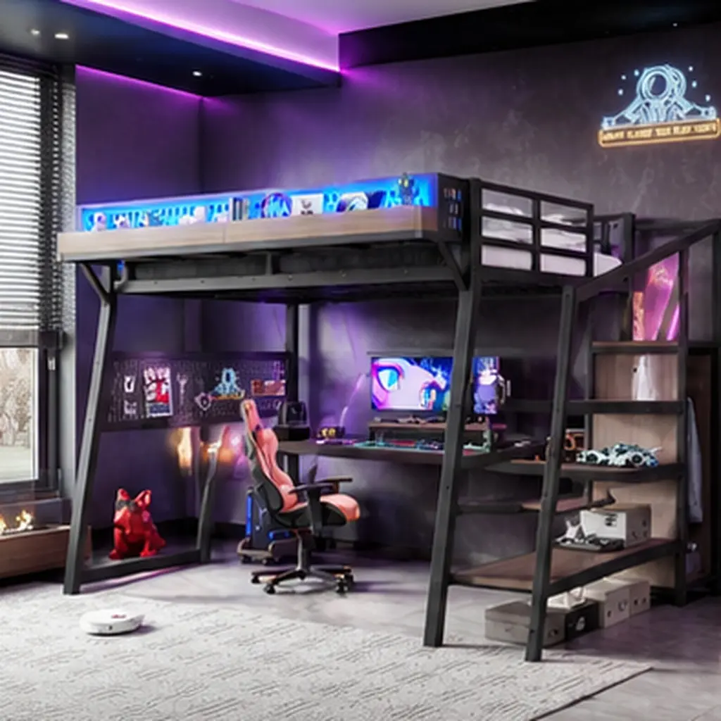 Full Size Silent Metal Loft Bed with Built-In Wardrobe, Storage Stairs, Pegboard, USB Ports, LED Lights, Gaming-Ready Design, Noise-Reduced Structure, Black MDF+Metal, Space-Saving for Teens, 350 lbs Capacity, Assembly Required, Led Light, 63.98" W X 93.3