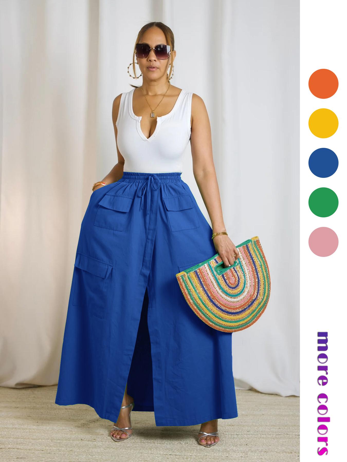 Women's Plain Drawstring High Waist  Skirt, Casual Boho Pocket Wrap Skirt for Summer, Ladies Bottoms for Beach Holiday Vacation