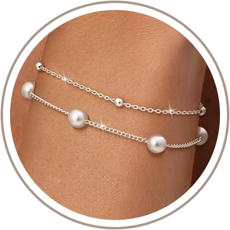 Silver Pearl Bracelets for Women, Dainty 2-Piece Bracelet Set| Silver-plated bracelet set with pearl and polished bead strands, adjustable for layering, daily wear, parties, and gifts