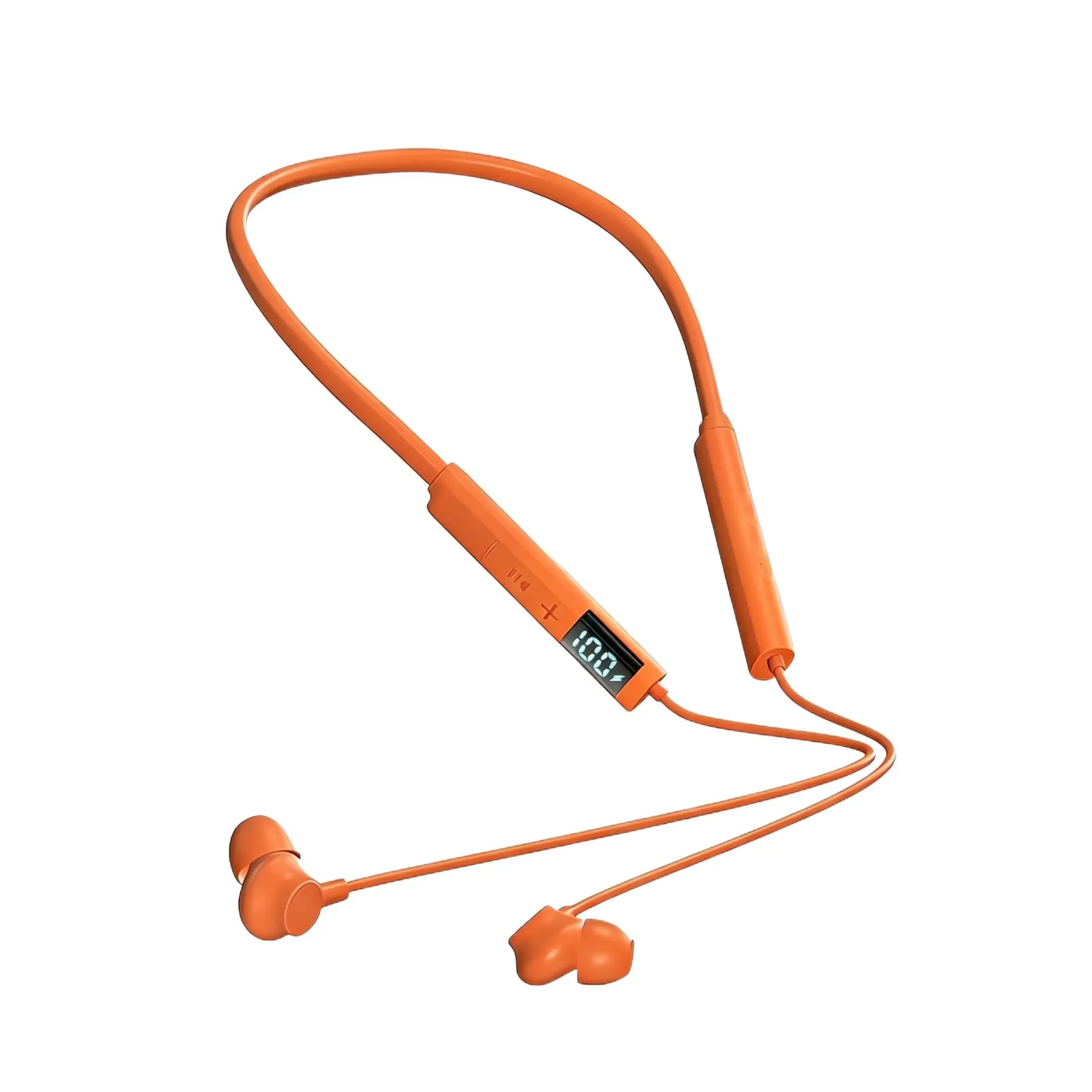 Bright Orange Hi Vis Neckband Headphones Digital Power Display 48HR Battery Safety Bluetooth Earbuds with Mic for Warehouse Workers Sweatproof Hands Free Calling Dual Device Touch Control