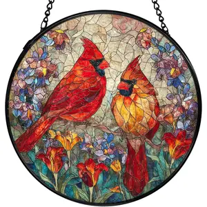 Cardinal Suncatchers Stained Glass Window Hanging, Cardinal Gifts for Women,Red Flower Sun Catchers Indoor Window Glass Round Wall Decor, 6.3*6.3in