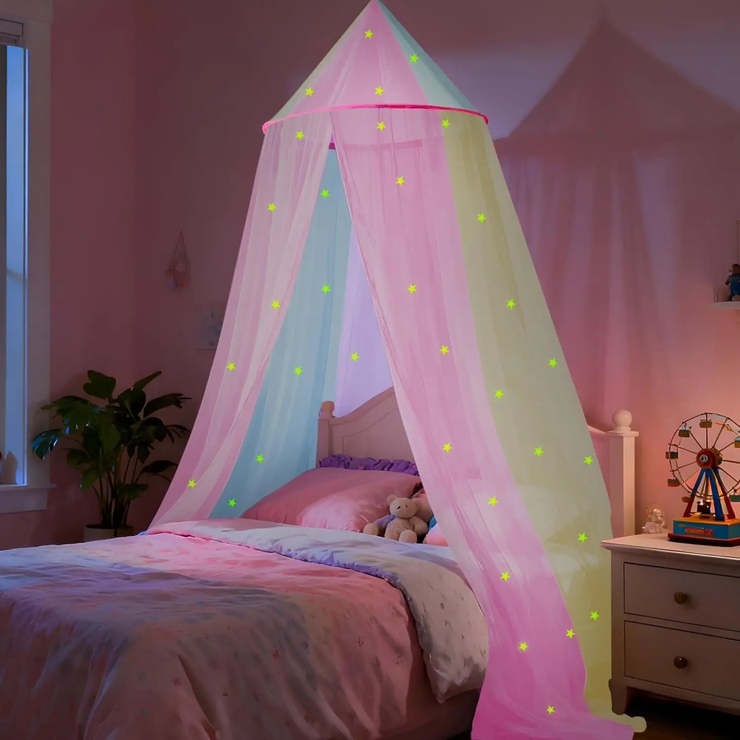Bed Canopy for Girls with Glowing Stars, Colorful Princess Canopy Bed Curtains for Twin, Full and Queen Sizes, Mosquito Netting for Baby Crib, Ceiling Tent for Kids Bedroom Decor
