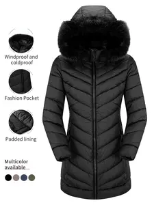Women's Mid-Length Hooded Coat, Fall Winter Casual Slim Fit Jacket, Warm Faux Fur Collar Windproof Outerwear, Muslim Fashion Womenswear