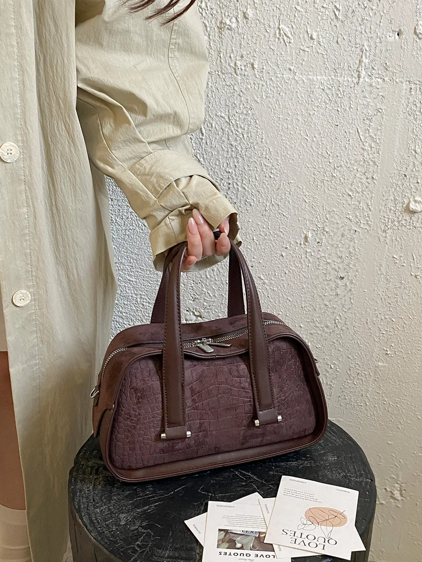 1pc Solid Dark Brown Textured Suede Boston Handheld Bag, Detachable Crossbody Strap Daily Shoulder Bag for Office Commute, Friend Dinners, Picnics, Short Leisure Trips, Ideal for Elegant Modern Adult Women