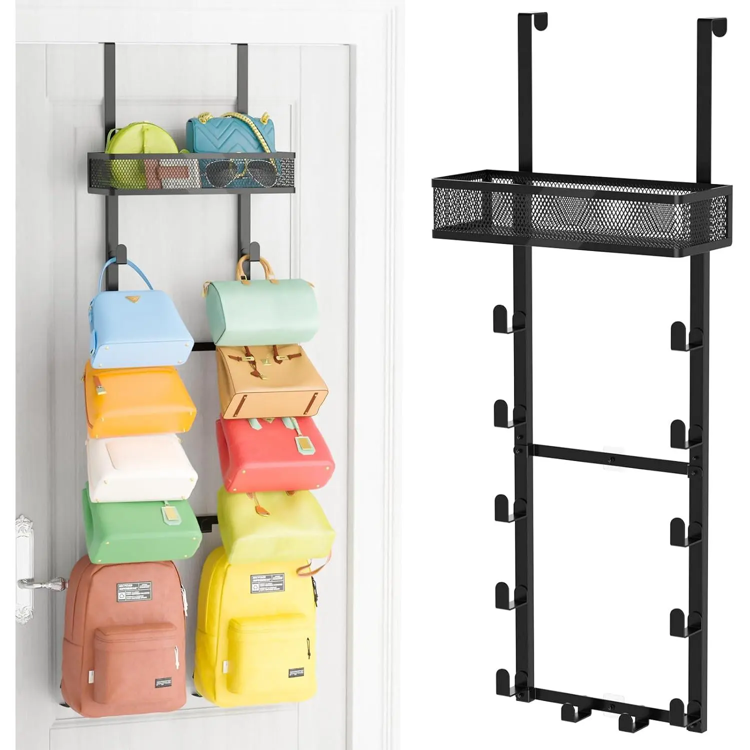 Over The Door Purse Organizer for Closet, Over the Door Hooks Wall Mounted Handbag Rack with 12 Hooks & Metal Basket, Holds up to 12 Bags, Use as 1 or 2 count, for Door, Closet Black