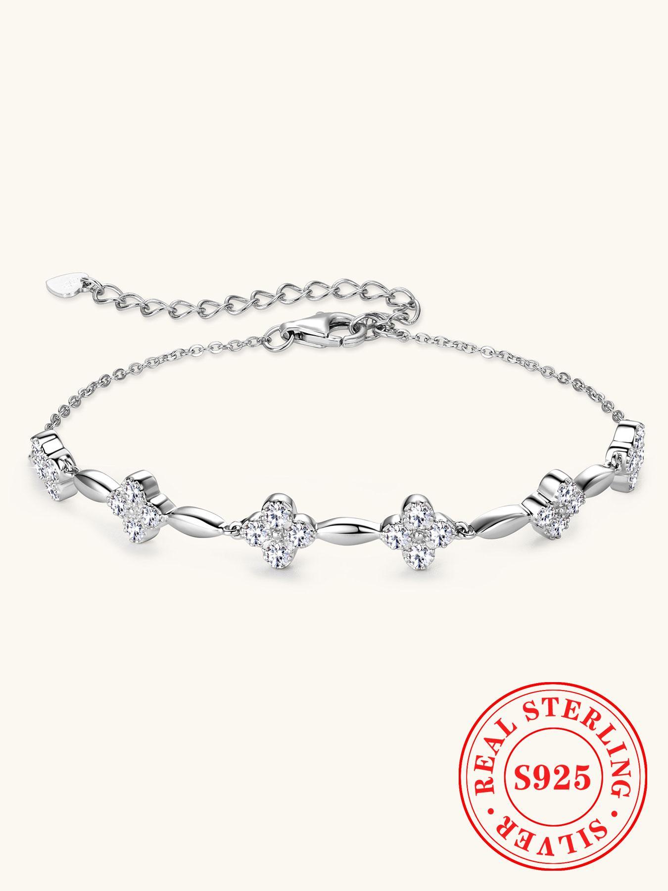 S925 Sterling Silver Flower Design Lobster Closure Bracelet, High Quality Bracelet, Fashionable Synthetic Moissanite Decorated Bracelet for Women & Girls, Trendy All-match & Exquisite Jewelry for Birthday Gift