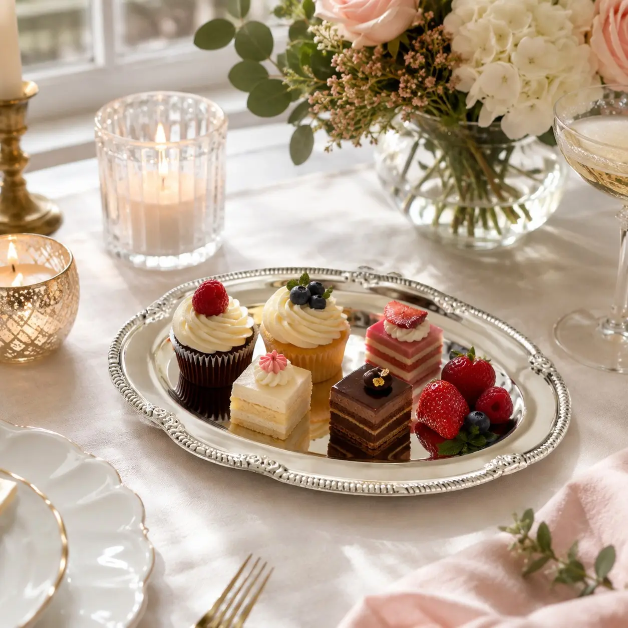 304 Stainless Steel Fruit & Cake Serving Plate – Mirror Polished Dessert Tray with Beaded Edge, Decorative Floral Embossed Rim, Multi-Purpose Party Platter for Snacks, Pastries, Afternoon Tea
