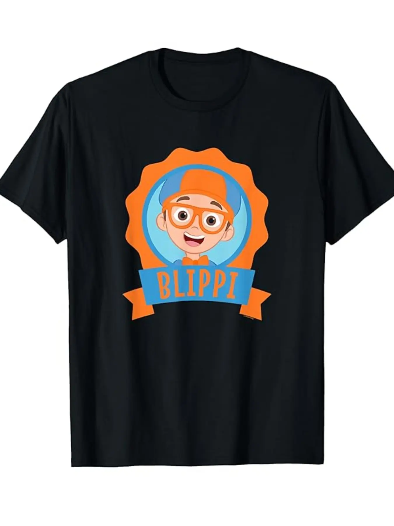 Blippi Cartoon Face Short Sleeve T-Shirt, Blue Wave Border, Soft Comfortable Tee, Preschool & Family