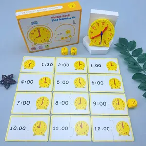 Wooden Clock Learning Set, 1 Box Simulation Clock & Double-sided Time Cards & Dices, Early Education Time Cognition Toy for Teenagers