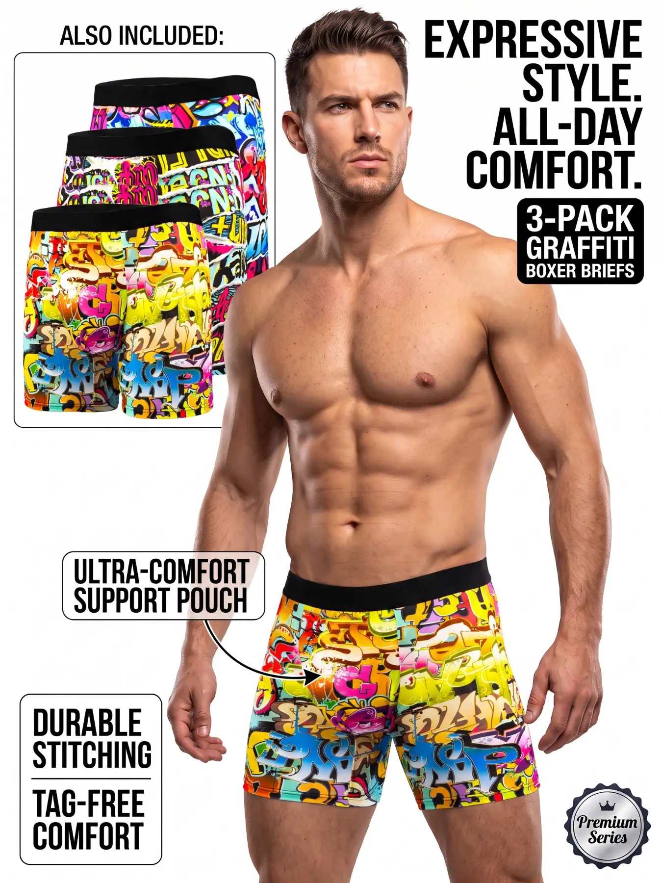Men's 3-Pack Graffiti Print Boxers, Long Leg Design, Comfortable Breathable Skin-Friendly, Ideal for Running, Cycling, Hiking, All Seasons