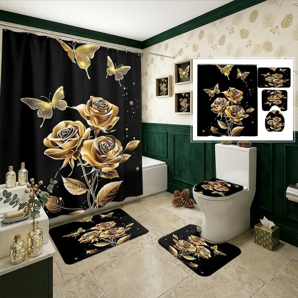 4pcs Black Background Golden Glitter Rose and Butterfly Print Shower Curtain Set with Toilet Lid Cover & Bathroom Mats,The floor mat fabric is thicker and softer!  Luxurious Elegant Bathroom Accessory for Christmas Holiday Household Bathroom Styling