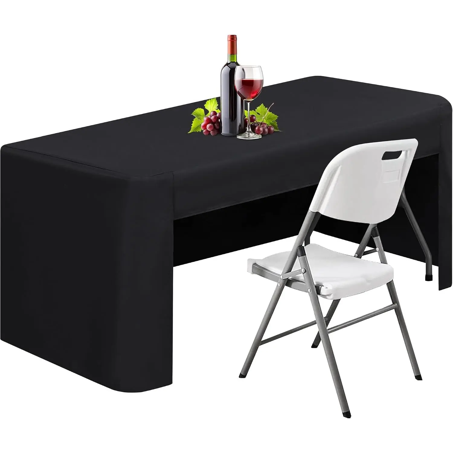 24 x 48 inch Rectangle Fitted Open Back Tablecloth for 4 FT Folding Table Washable Polyester Table Cover for Trade Show Wedding Party Picnic Outdoor Events Black