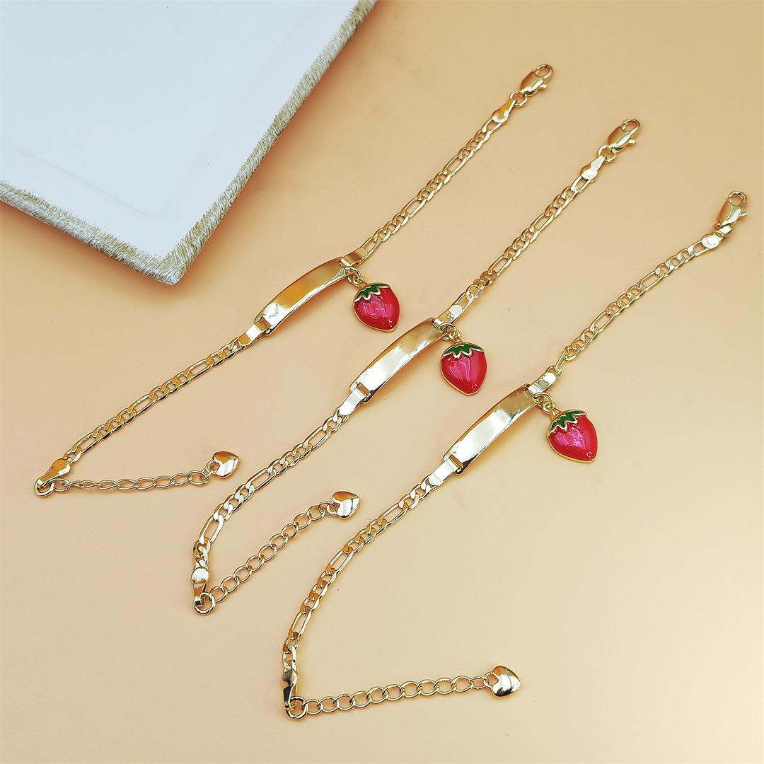 14K Gold Plated Strawberry Curved Bar Bracelet for Girls Cute Sweet Kids Jewelry Trendy Spring Chain Bracelet Dainty Stackable Accessory for Daily Wear Birthday Party Gifts & Holiday Outfits