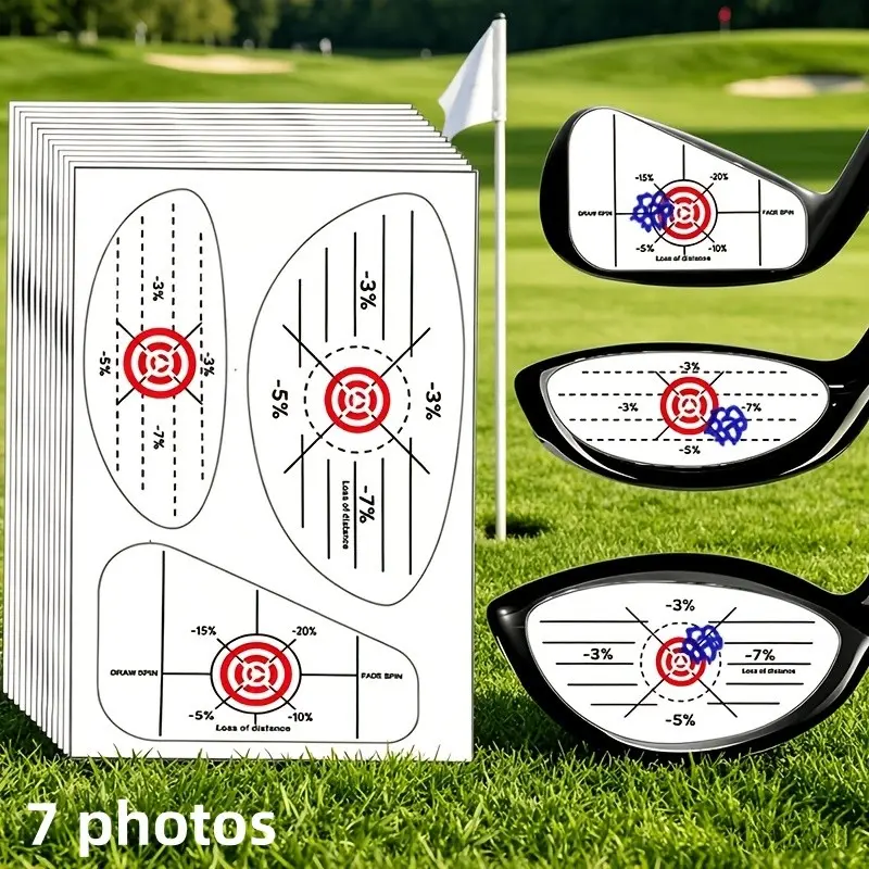 7Pcs 3‑in‑1 Golf Impact Tape Stickers, Club Sweet‑Spot Indicator Labels, Residue‑Free Swing Training Aid for Irons Woods Fairway Clubs